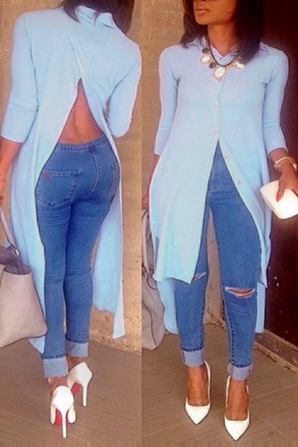 Lovely Trendy Turndown Collar Long Sleeves Split Light Blue Cotton Blousing Blouse