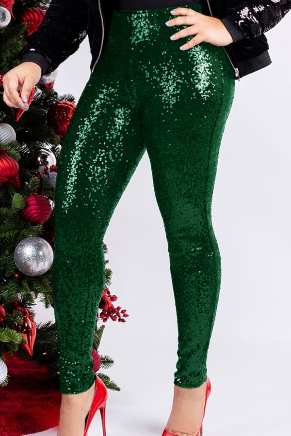 Lovely Trendy Sequined Skinny Green Cotton Pants