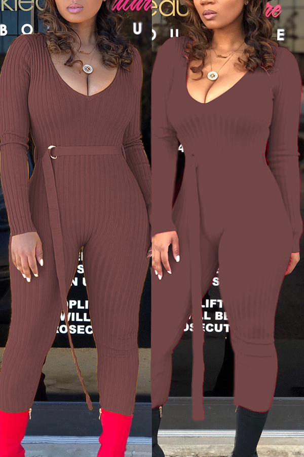 Lovely Casual Skinny Brown One-piece Jumpsuit(With Belt)