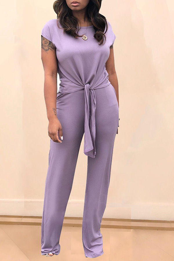 Lovely Casual Lace-up Purple Two-piece Pants Set