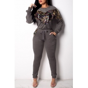 Lovely Casual Patchwork Grey Cotton Two-piece Pant