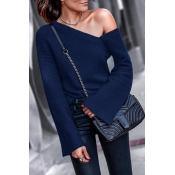 Lovely Chic Dew Shoulder Dark Blue Cotton Sweaters