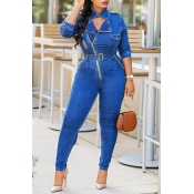 Lovely Casual Zipper Design Blue Denim One-piece J