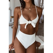 Lovely Casual Lace-up White Two-piece Swimwears