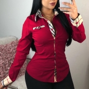 LW COTTON Casual Patchwork Bright Red Shirts