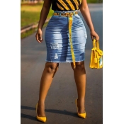 Lovely Casual Broken Holes Blue Denim Knee Length 