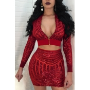 Lovely Sexy Long Sleeves Sequined Decorative Red T