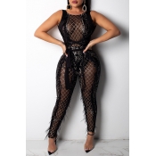 Lovely Casual Tassel Design Black Lace One-piece J