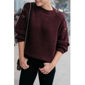 Lovely Casual Buttons Decorative Wine Red Sweaters