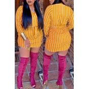 Lovely Casual Striped Yellow Cotton Mini Dress