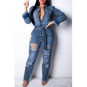 Lovely Casual Broken Holes Blue Denim One-piece Ju