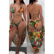 Lovely Sexy Printed Green Two-piece Swimwear(With 