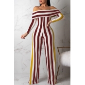 Lovely Casual Striped Wine Red One-piece Jumpsuit