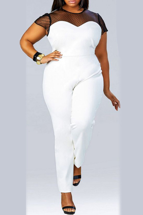 Lovely Casual Patchwork Plus Size White One-piece Jumpsuit