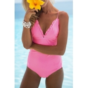 Lovely Sexy Flounce Design Pink One-piece Swimwear
