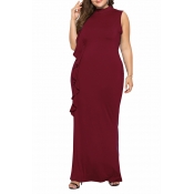 Lovely Casual Patchwork Wine Red Floor Length Dres