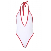 Lovely Casual Patchwork White One-piece Swimwears