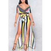 Lovely Trendy Side High Slit Striped Two-piece Pan