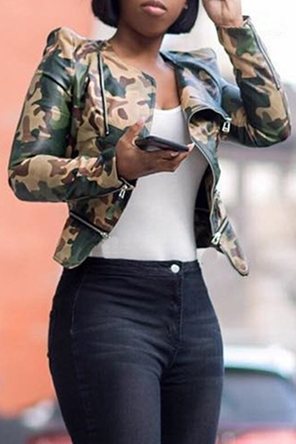 Lovely Casual Camouflage Printed PU Jacket