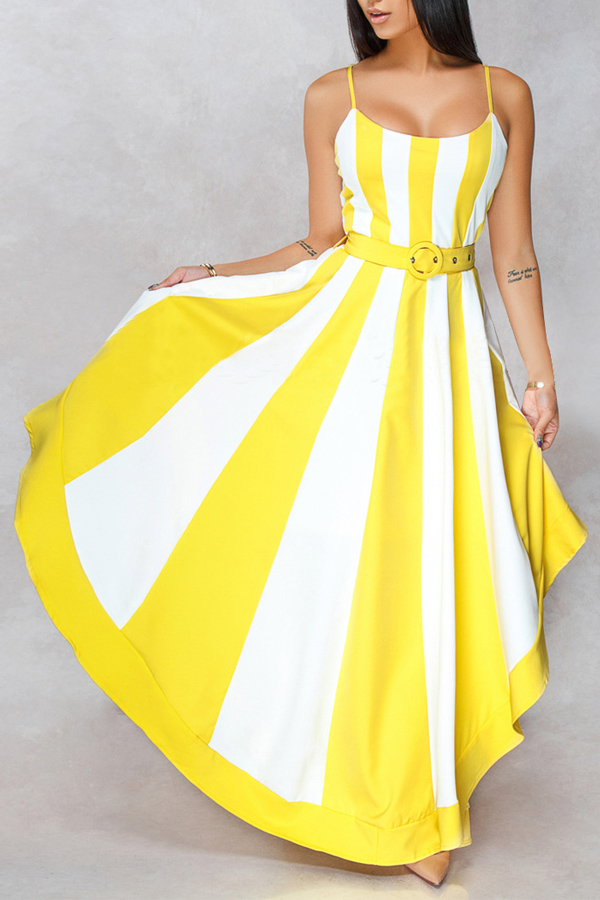 Lovely Yellow Striped Dress(With Belt)