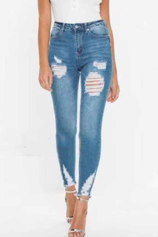 Lovely Stylish High Waist Broken Holes Blue Jeans