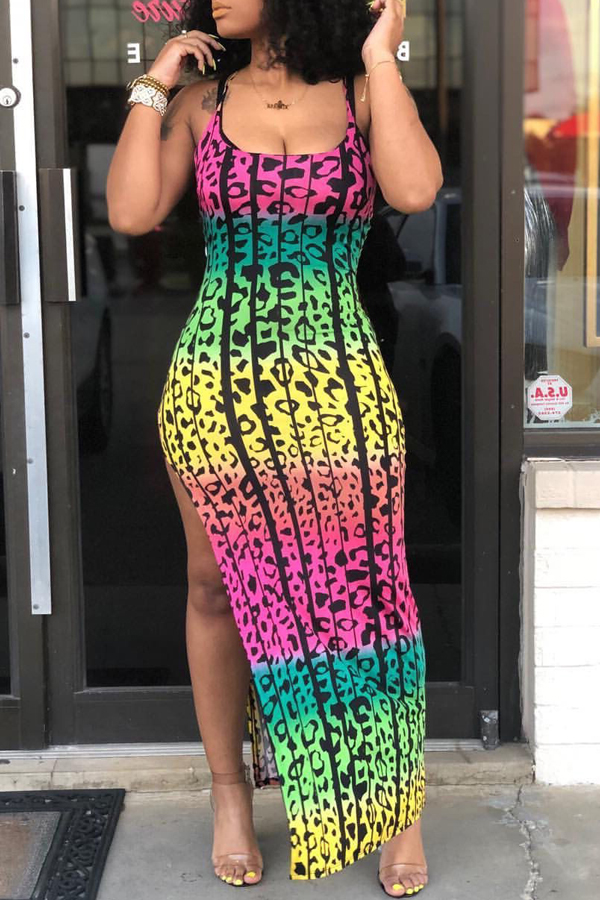 Lovely Casual Printed High Split Ankle Length Dress(With Elastic)