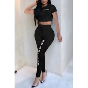 Lovely Casual Letters Printed Black Two-piece Pant