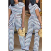 Lovely Casual Striped Blue Blending Two-piece Pant