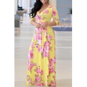 Lovely Casual Floral Printed Yellow Floor Length D