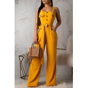 Lovely Casual Buttons Decorative Yellow One-piece 
