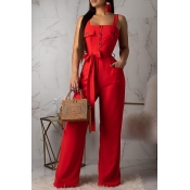 Lovely Casual Buttons Decorative Red One-piece Jum