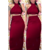 Lovely Trendy Skinny Red Two-piece Skirt Set