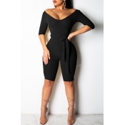 Lovely Casual Lace-up Skinny Black One-piece Rompe