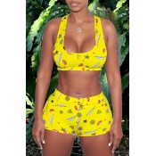 Lovely Casual Printed Yellow Two-piece Shorts Set