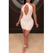 Lovely Sexy Hollowed-out White Knitting Mini Dress