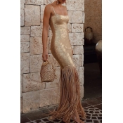 Lovely Elegant Tassel Design Gold Evening Gown Dre