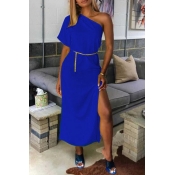 Lovely Casual One Shoulder Royal Blue Mid Calf Dre