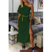 Lovely Casual One Shoulder Green Mid Calf Dress(Wi