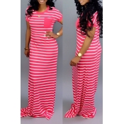 Lovely Casual Striped Rose Red Floor Length Maxi D