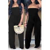 Lovely Simple Style Striped Lace-up Black Jumpsuit