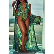 Lovely Casual V Neck Print One-piece Swimwear(With
