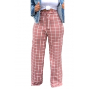 Lovely Pink High Waist Plaid Pants(With Elastic)