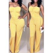 Lovely Casual Halter Neck Dots Printed Yellow Jump