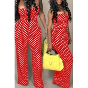 Lovely Casual Halter Neck Dots Printed Red Jumpsui
