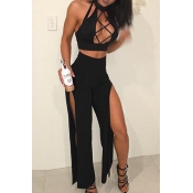 Lovely Sexy Hollow-out Black Two-piece Pants Set