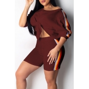 Lovely Casual Striped Wine Red Two-piece Shorts Se