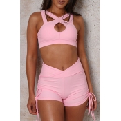 Lovely Sexy Hollow-out Pink Two-piece Shorts Set