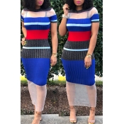 Lovely Leisure Short Sleeve Striped Maxi Dresses(W
