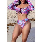 Lovely Print Hollow-out Light Pink Two-piece Swimw
