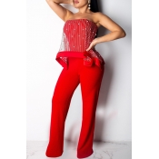 Lovely Sexy Mesh Patchwork Red Jumpsuit